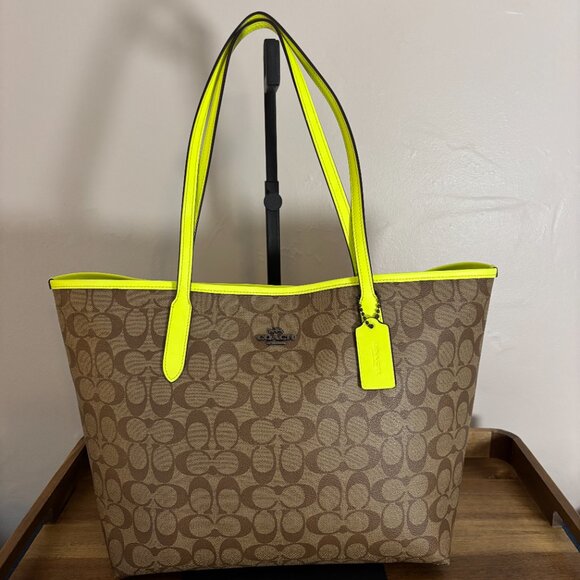 Coach Brown Signature Canvas Neon Lime Green Neon Glo Yellow City Tote - Picture 4 of 10